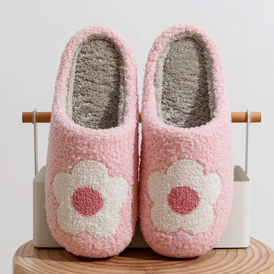 Home Women Slippers Eye Pink Flower Embroidered Winter Warm Soft