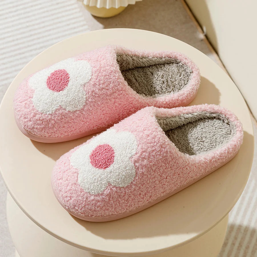 Home Women Slippers Eye Pink Flower Embroidered Winter Warm Soft