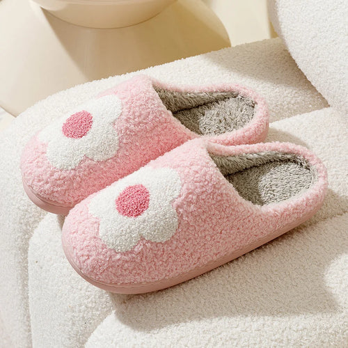 Home Women Slippers Eye Pink Flower Embroidered Winter Warm Soft