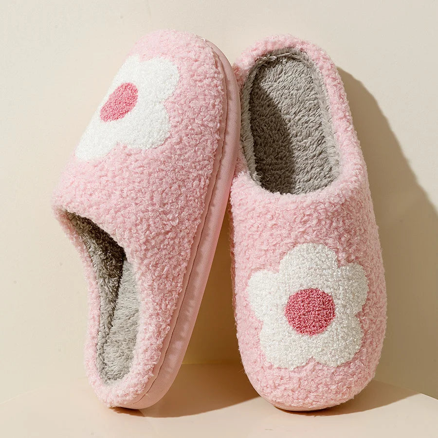 Home Women Slippers Eye Pink Flower Embroidered Winter Warm Soft