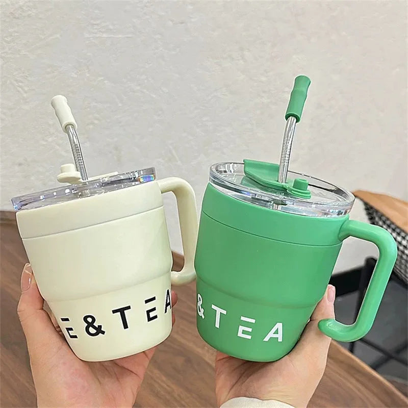 480ml Coffee Cup with Straw Lid Stainless Steel Thermos Mug for Hot