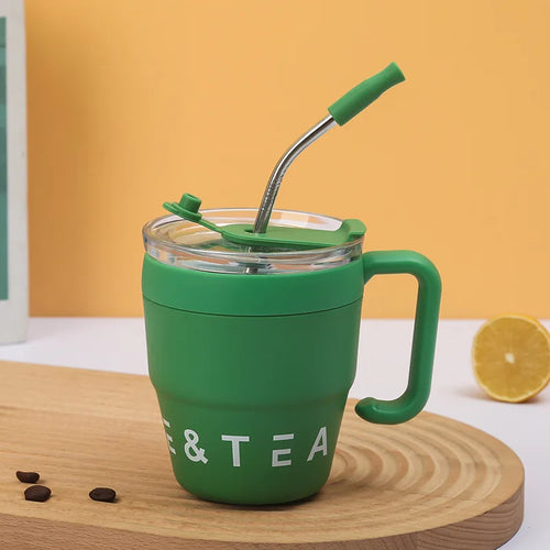 480ml Coffee Cup with Straw Lid Stainless Steel Thermos Mug for Hot