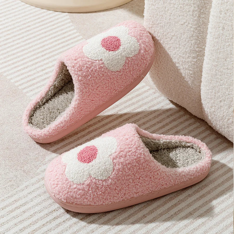 Home Women Slippers Eye Pink Flower Embroidered Winter Warm Soft